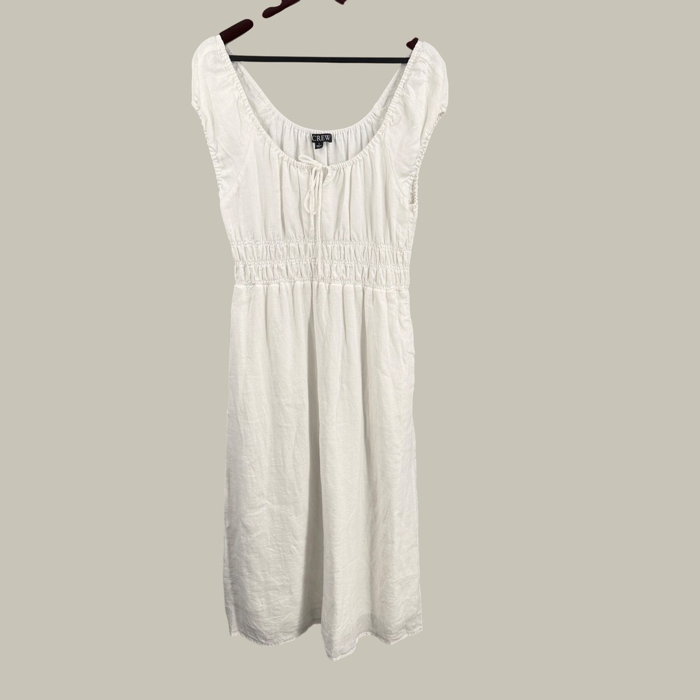 J.Crew Dress Size Small White Smocked Waist Linen Midi Cap Sleeve
